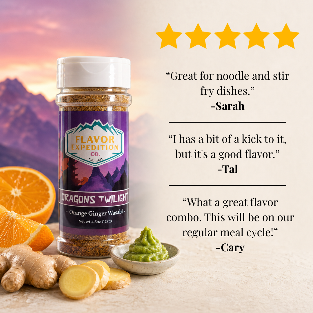 Orange Ginger Wasabi Seasoning - Dragons Twilight with quotes and stars, perfect for culinary creations.