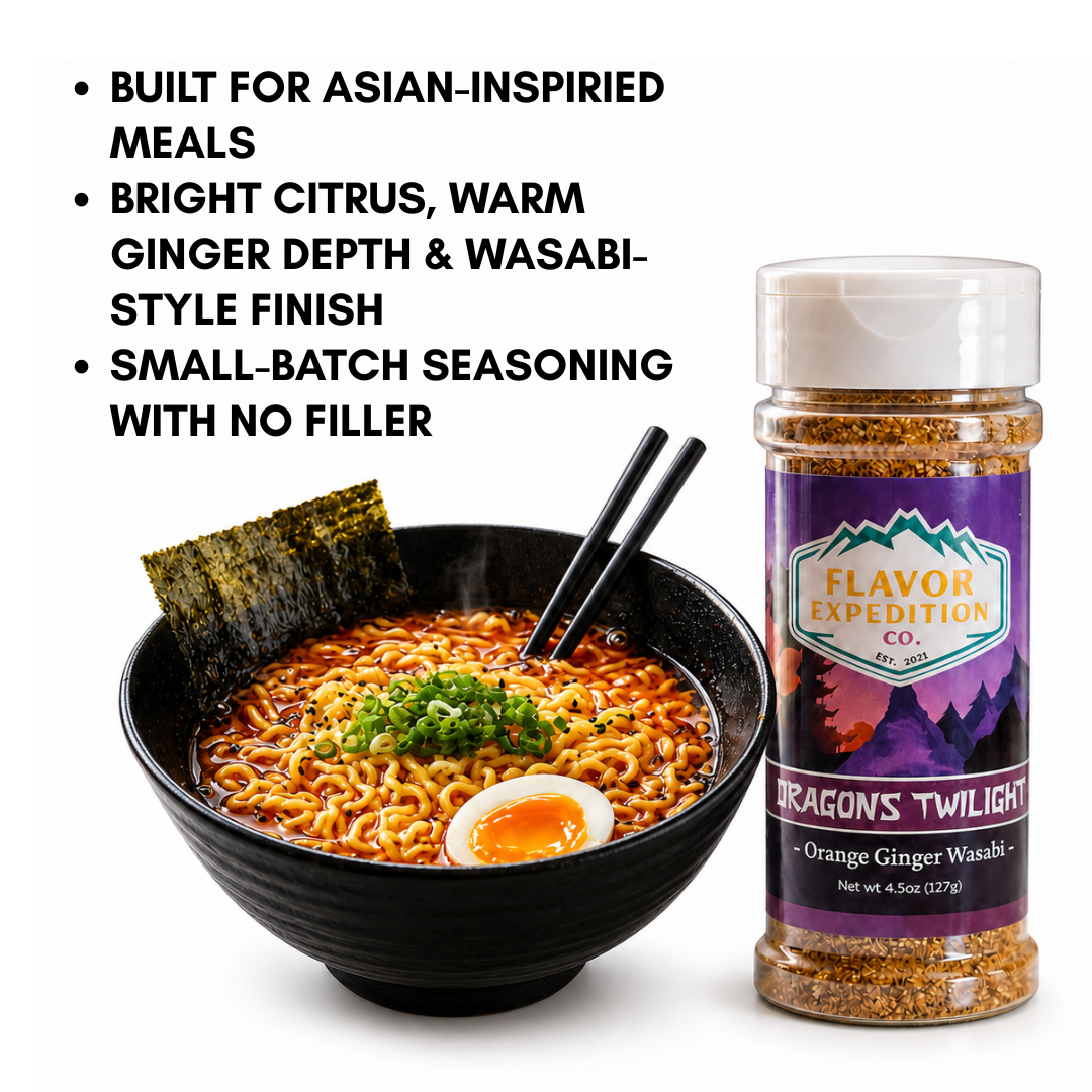 Orange Ginger Wasabi Seasoning in a jar next to a bowl of noodles, perfect for adding citrus and ginger flavor.