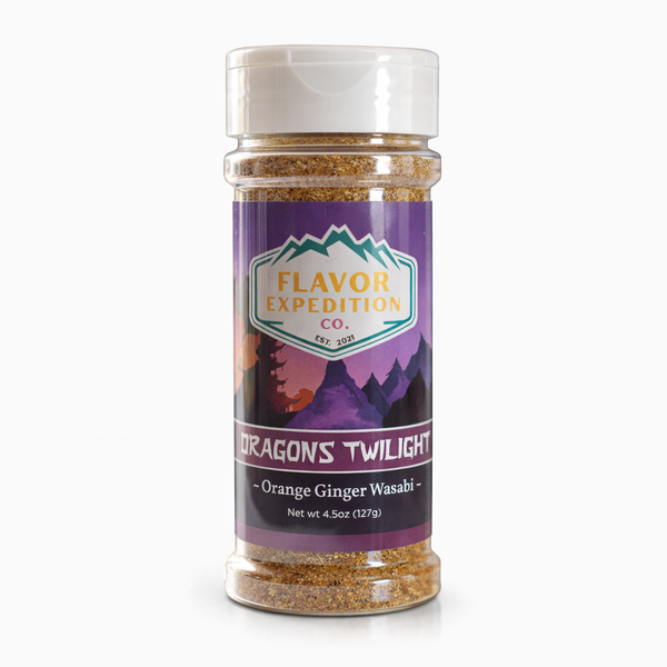 Spice jar labeled 'Dragon's Twilight' by Flavor Expedition Co. on a white background