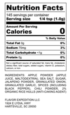 Nutrition facts for Apple Jalapeno Seasoning showing ingredients and serving size details.