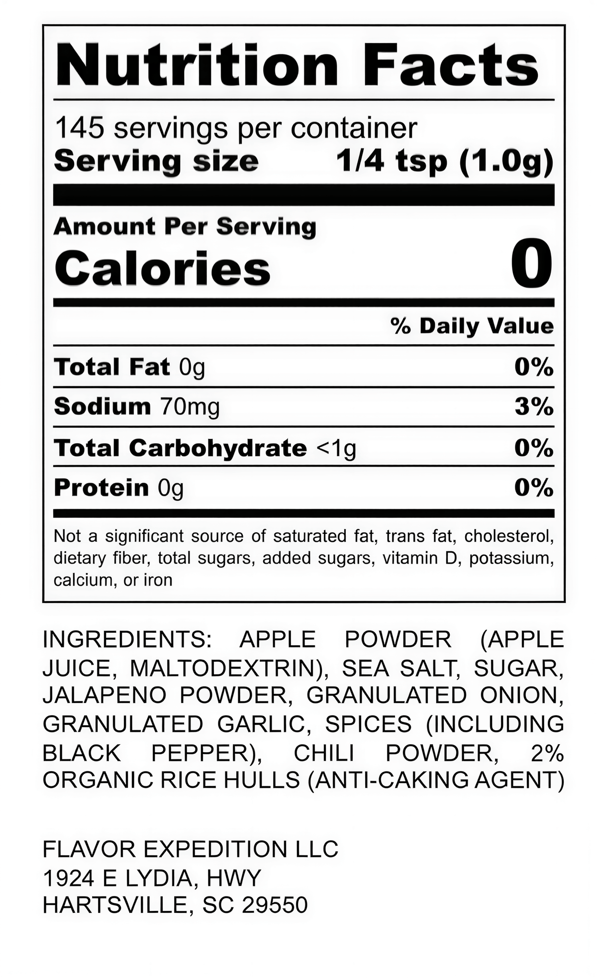 Nutrition facts for Apple Jalapeno Seasoning showing ingredients and serving size details.