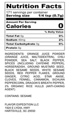 Nutrition facts label for Orange Ginger Wasabi Seasoning - Dragons Twilight, showcasing ingredients and serving size.