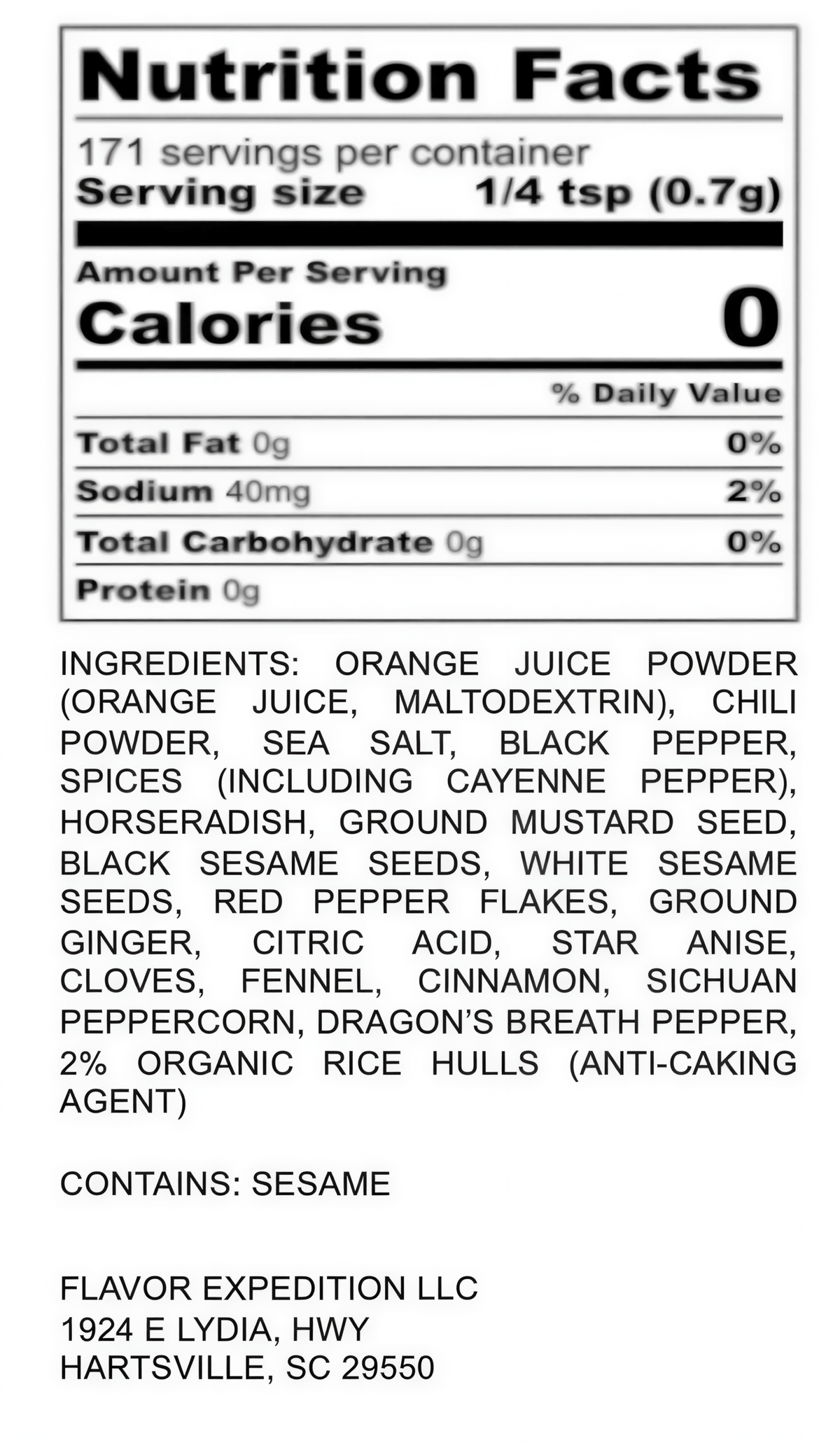 Nutrition facts label for Orange Ginger Wasabi Seasoning - Dragons Twilight, showcasing ingredients and serving size.