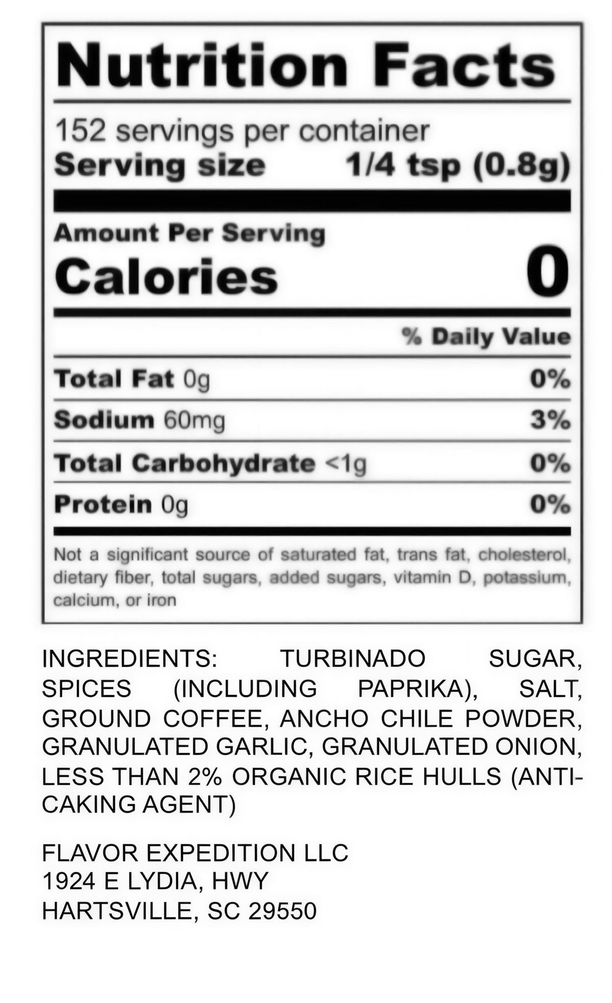 Nutrition Facts label for Brown Sugar Coffee Rub, including ingredients and serving size.