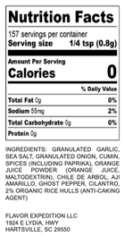 Nutrition facts for Spicy Citrus Cilantro Seasoning including calories and ingredients list.