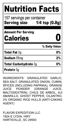 Nutrition facts for Spicy Citrus Cilantro Seasoning including calories and ingredients list.