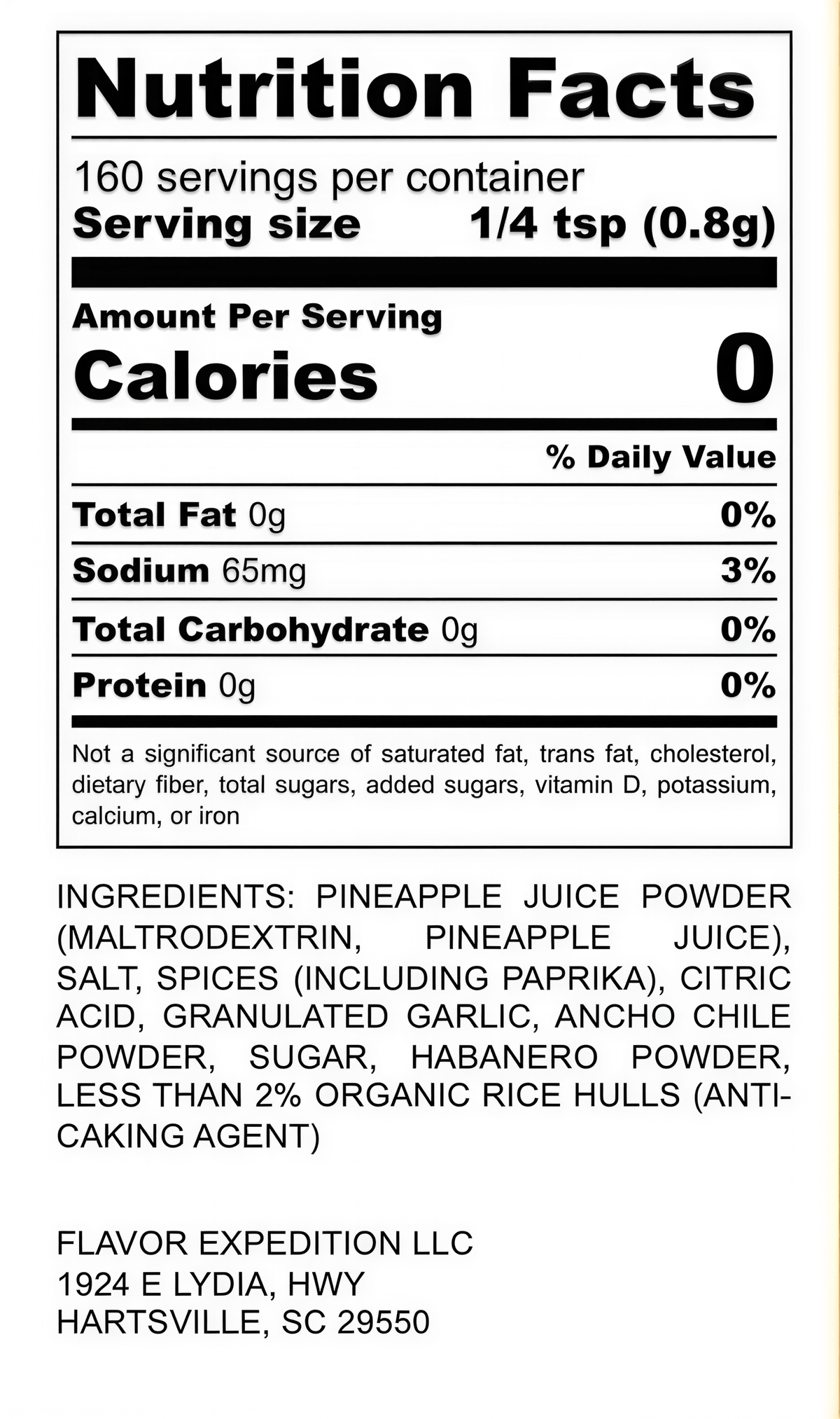 Nutrition label for Pineapple Habanero Seasoning - Island Sunrise, detailing ingredients and serving information.