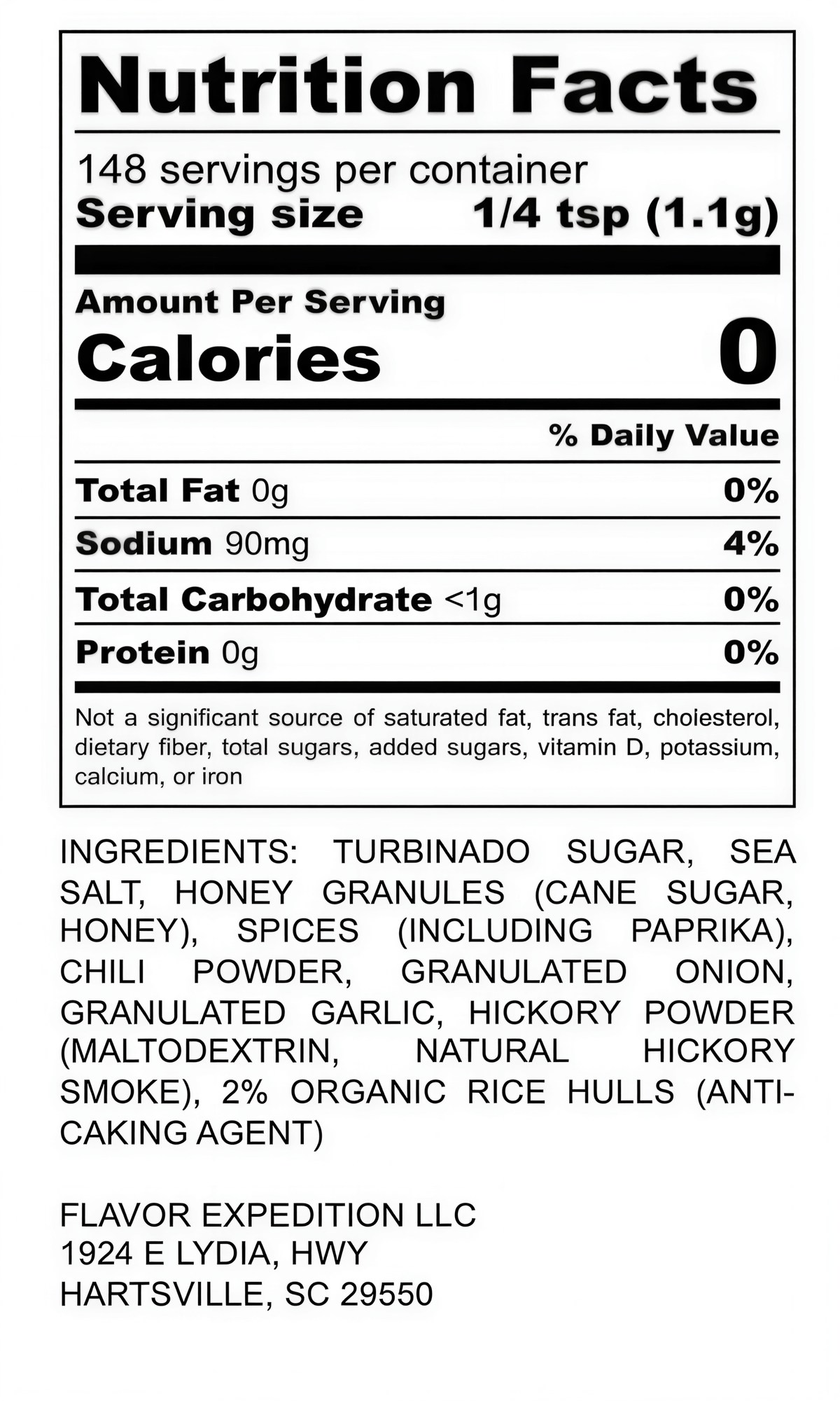 Hickory Honey BBQ Seasoning nutrition facts and ingredients list, including brown sugar and hickory powder.