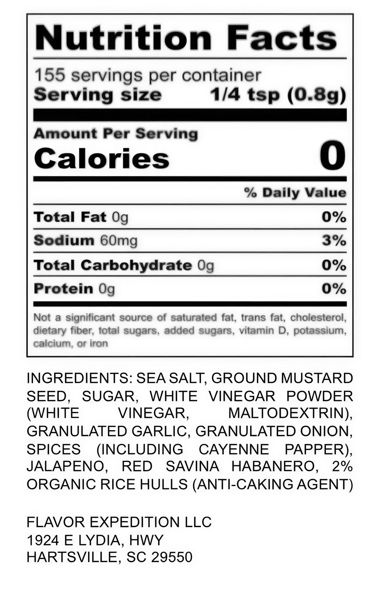 Nutrition facts for Spicy Mustard Seasoning - Scorching Afternoon including ingredients and dietary information.