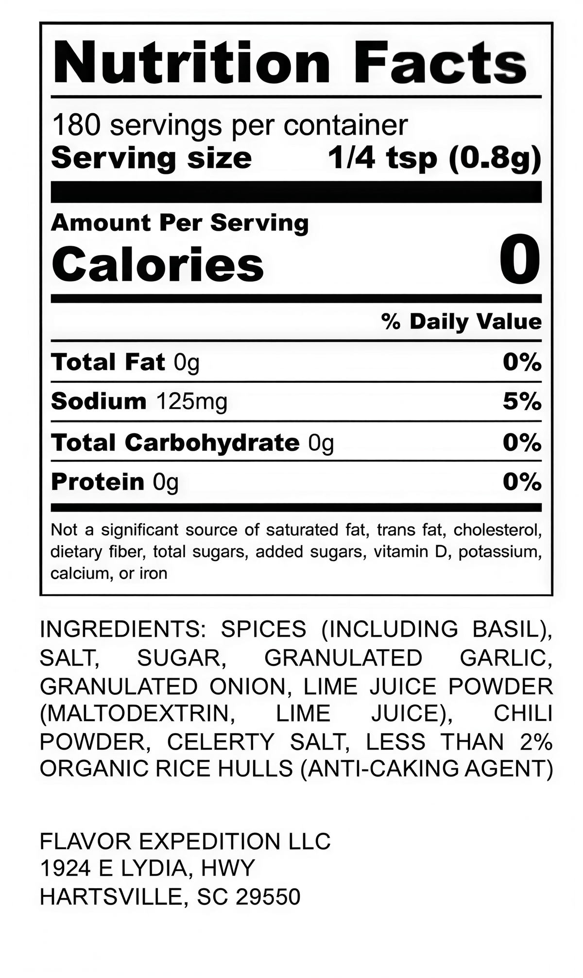 Nutrition facts for Chili Lime Basil Seasoning, detailing spices, serving size, and ingredient list.