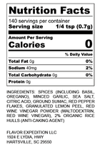 Nutrition facts label for Tangy Herb Seasoning - Tuscan Evening revealing ingredients and serving details.