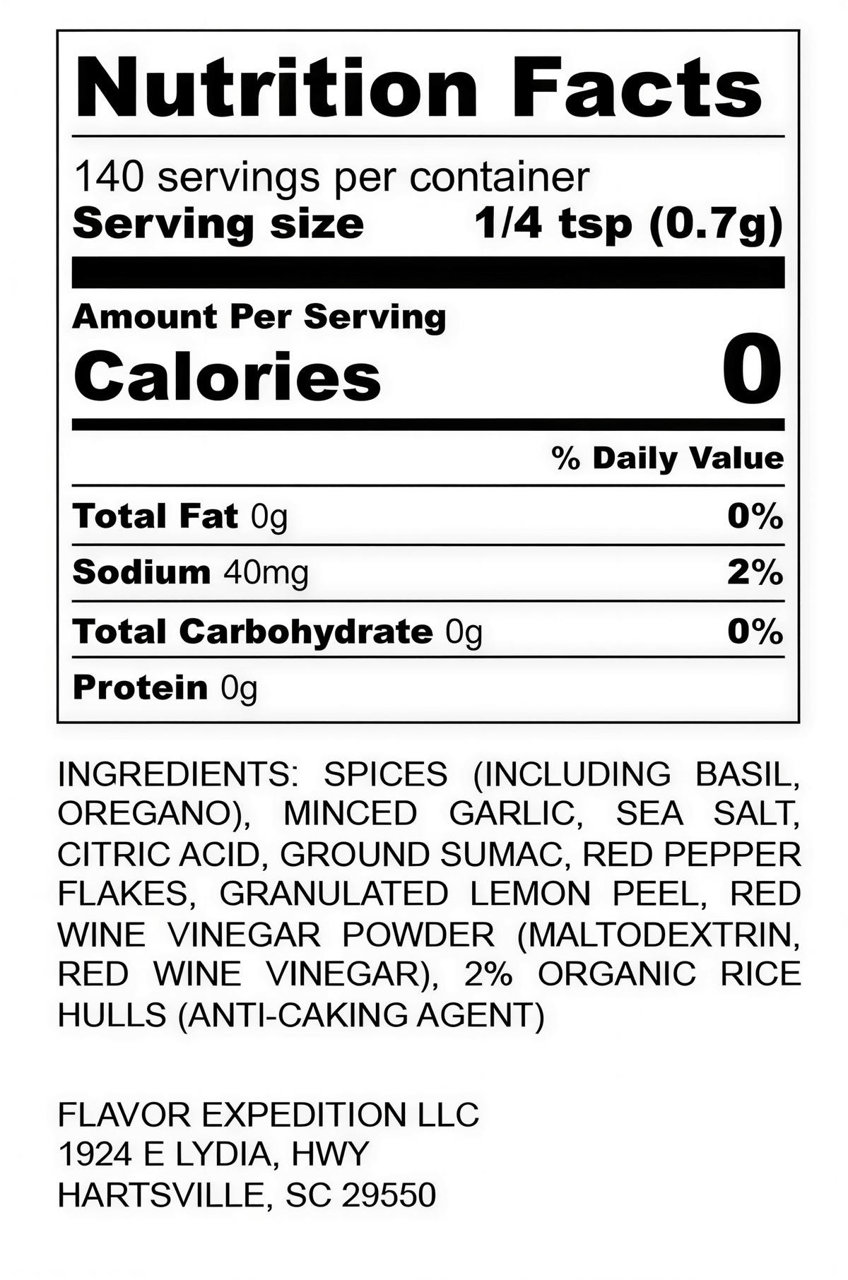 Nutrition facts label for Tangy Herb Seasoning - Tuscan Evening revealing ingredients and serving details.