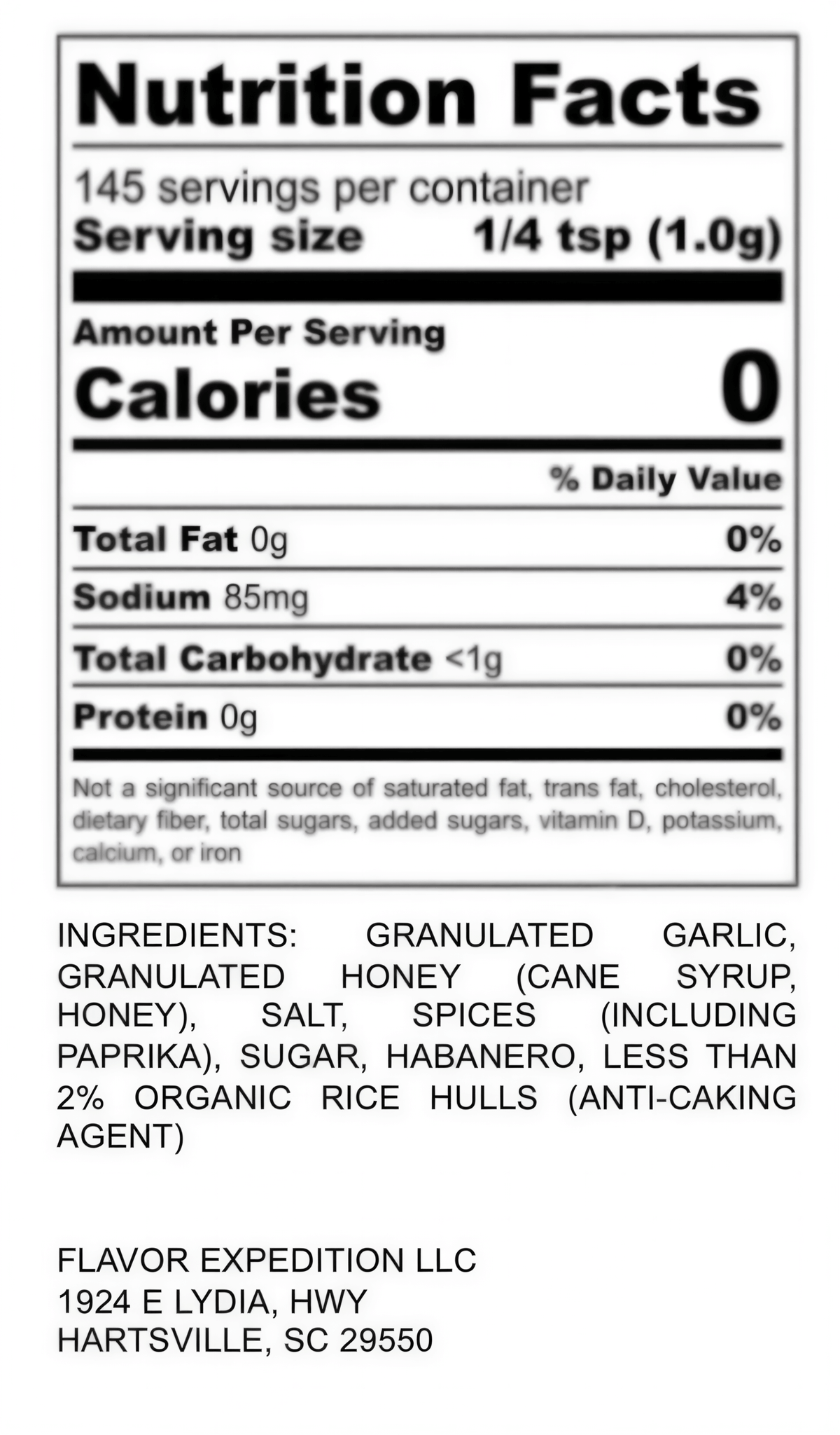 Honey Garlic Habanero Seasoning nutritional facts label, showing ingredients and serving size information.