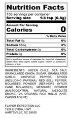 Nutrition facts for Green Chile Chipotle Seasoning showing servings, calories, and ingredients list.