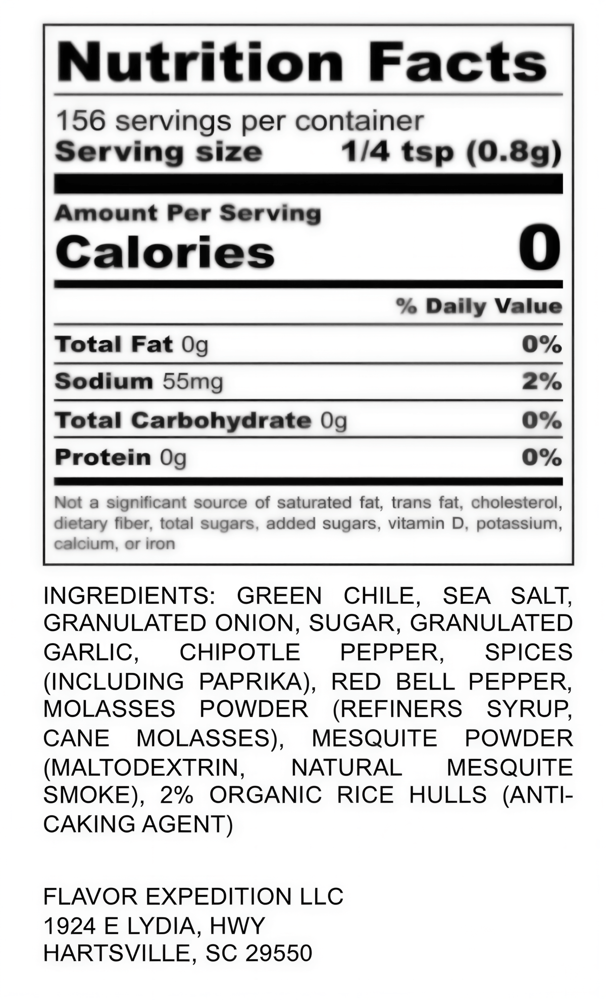 Nutrition facts for Green Chile Chipotle Seasoning showing servings, calories, and ingredients list.