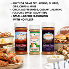 Three Flavor Expedition Co. seasoning bottles displayed on a white surface with food props around them and marketing text at the top.