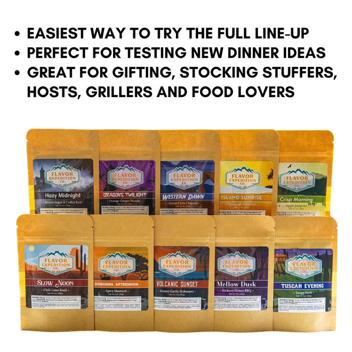 Assorted packs of Flavor Expedition food products on a white background with text about their uses.