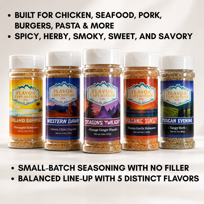 Five jars of Flavor Expedition seasoning with colorful labels on a white background.