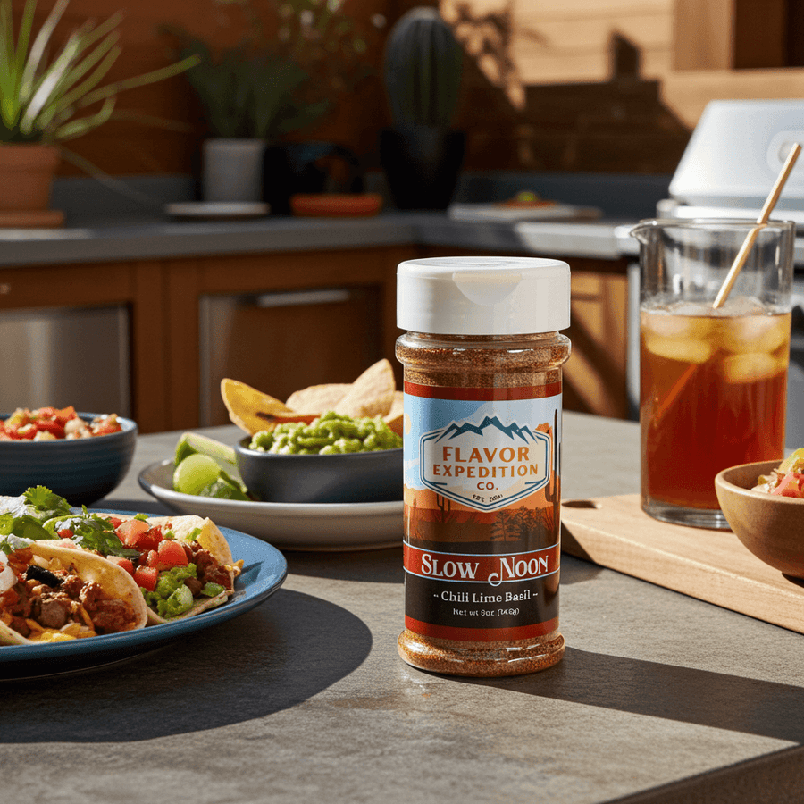 Chili Lime Basil Seasoning from Slow Noon displayed with tacos and fresh ingredients in a vibrant outdoor setting.