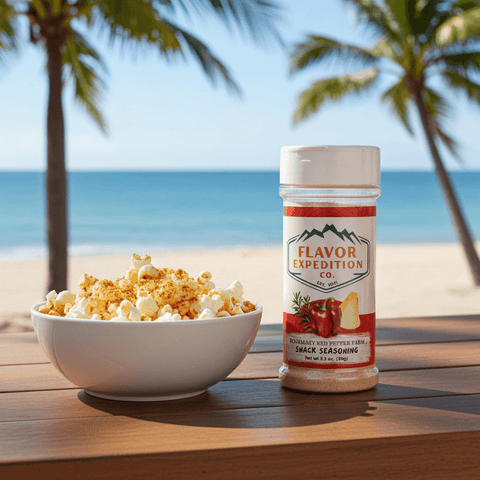 Bowl of popcorn and a bottle of Flavor Expedition Co. seasoning on a table with a beach background