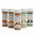 Five jars of Flavor Expedition Co. snack seasonings on a white background