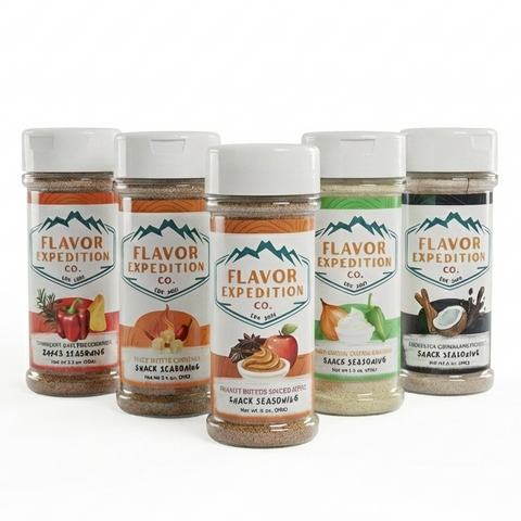 Five jars of Flavor Expedition Co. snack seasonings on a white background