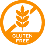 Gluten-free symbol with a wheat stalk crossed out in orange, indicating gluten-free products.