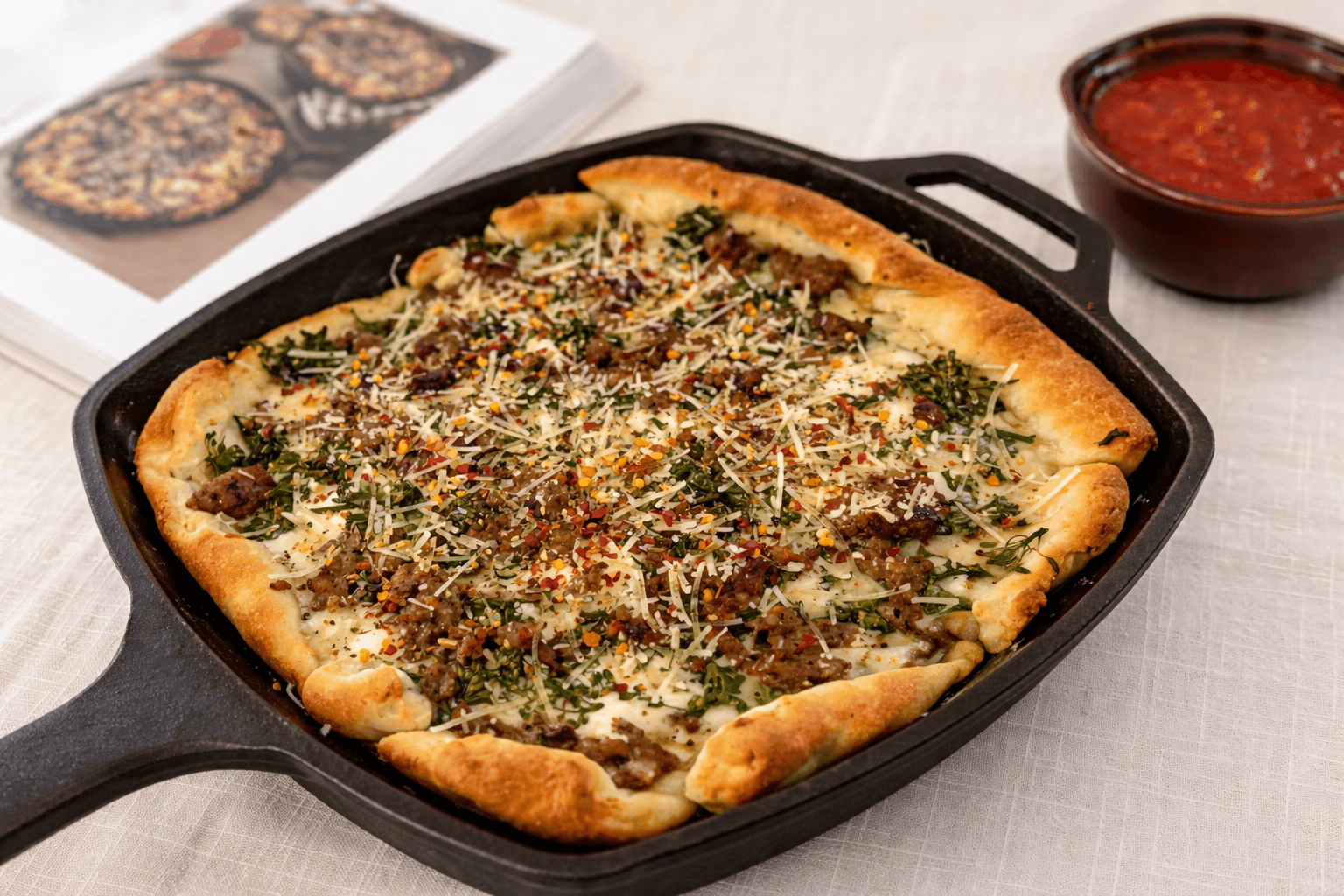 Personal-sized pizza with various toppings in a cast iron skillet on a light surface.