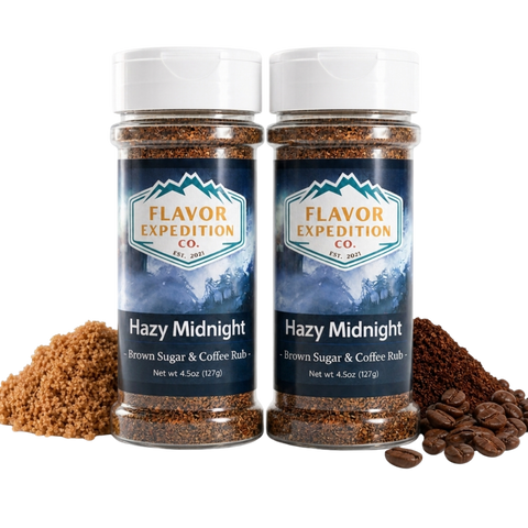 Two jars of 'Hazy Midnight' brown sugar and coffee rub from Flavor Expedition Co. with visible spices and coffee beans on a white background.