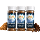 Three jars of 'Hazy Midnight' brown sugar and coffee rub from Flavor Expedition Co. on a white background.
