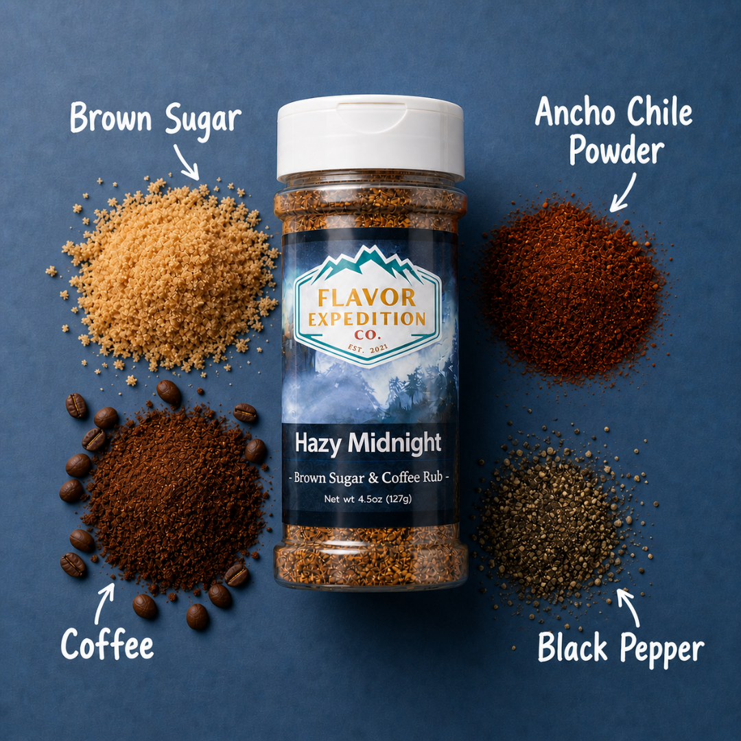Brown Sugar Coffee Rub - Hazy Midnight with brown sugar, coffee, and spices for grilling.