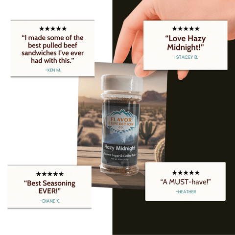 Flavor Expedition Hazy Midnight seasoning bottle with customer reviews on a desert background