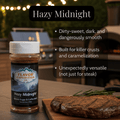 Jar of 'Hazy Midnight' seasoning with a steak on a cutting board, outdoor setting.