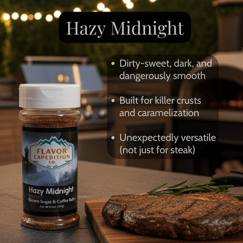 Jar of 'Hazy Midnight' seasoning with a steak on a cutting board, outdoor setting.