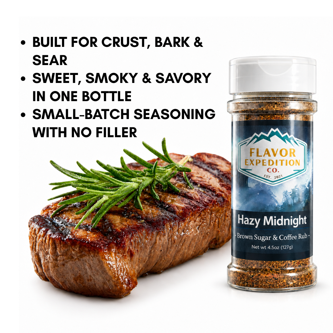 Brown Sugar Coffee Rub - Hazy Midnight seasoning for grilling, featuring steak and herbs, showcasing deep flavors.