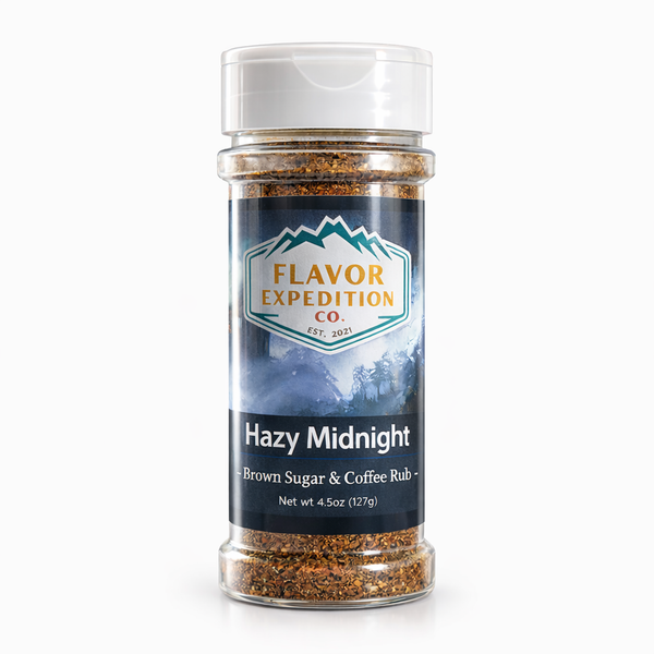 Bottle of 'Hazy Midnight' brown sugar and coffee rub from Flavor Expedition Co. on a white background