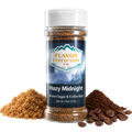 Jar of 'Hazy Midnight' brown sugar and coffee rub from Flavor Expedition Co. with ingredients around it.