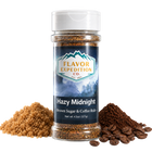 Jar of 'Hazy Midnight' brown sugar and coffee rub from Flavor Expedition Co. with ingredients around it.