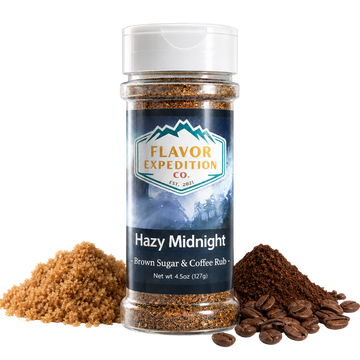 Jar of 'Hazy Midnight' brown sugar and coffee rub from Flavor Expedition Co. with ingredients around it.