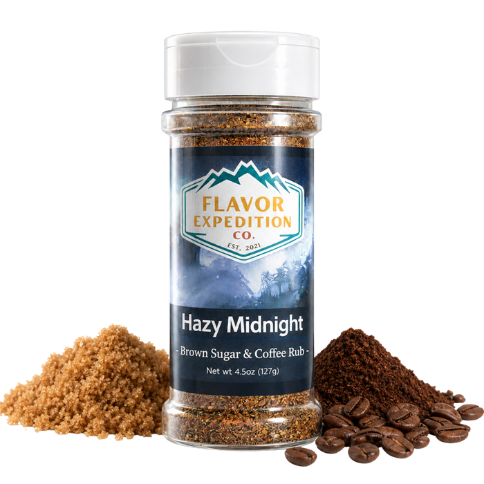 Jar of 'Hazy Midnight' brown sugar and coffee rub from Flavor Expedition Co. with ingredients around it.
