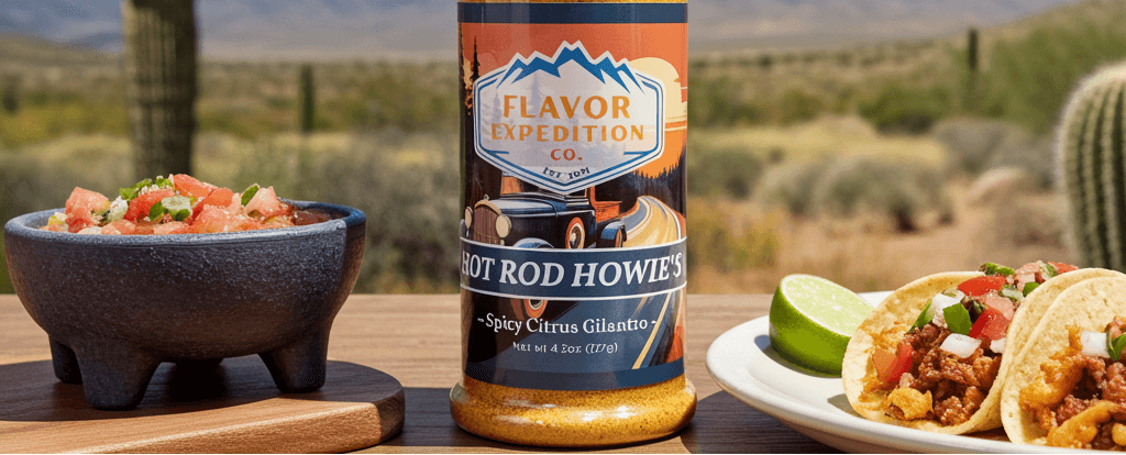 Hot Rod Howie's seasoning bottle with a desert landscape in the background