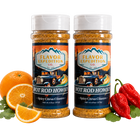 Two jars of 'Hot Rod Howies' spice with oranges and peppers on a white background