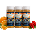 Three jars of 'Hot Rod Howies' seasoning with oranges, chili peppers, and a car graphic on a white background.