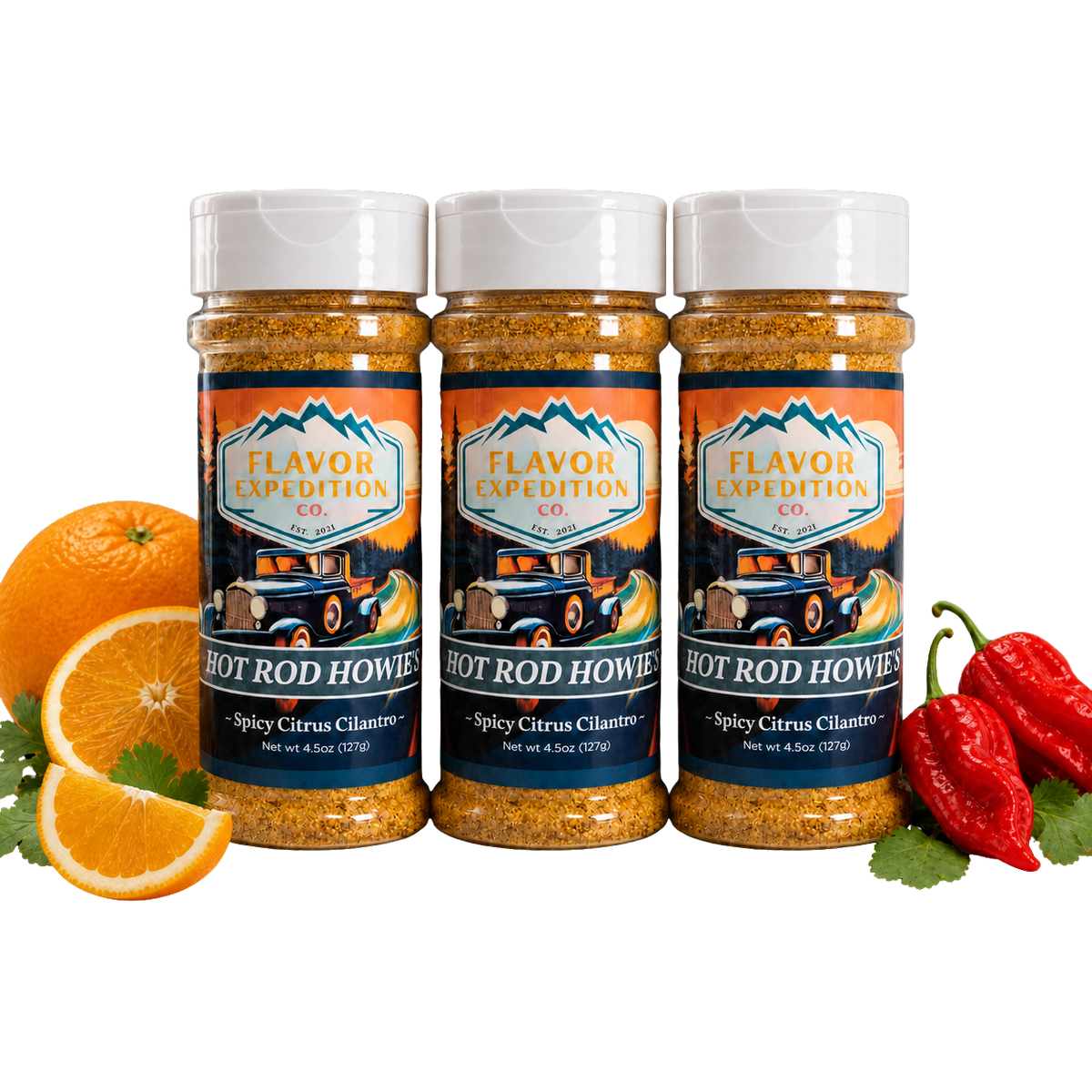Spicy Citrus Cilantro Seasoning bottles from Hot Rod Howie's with citrus fruits and cilantro ingredients. [pack-3]