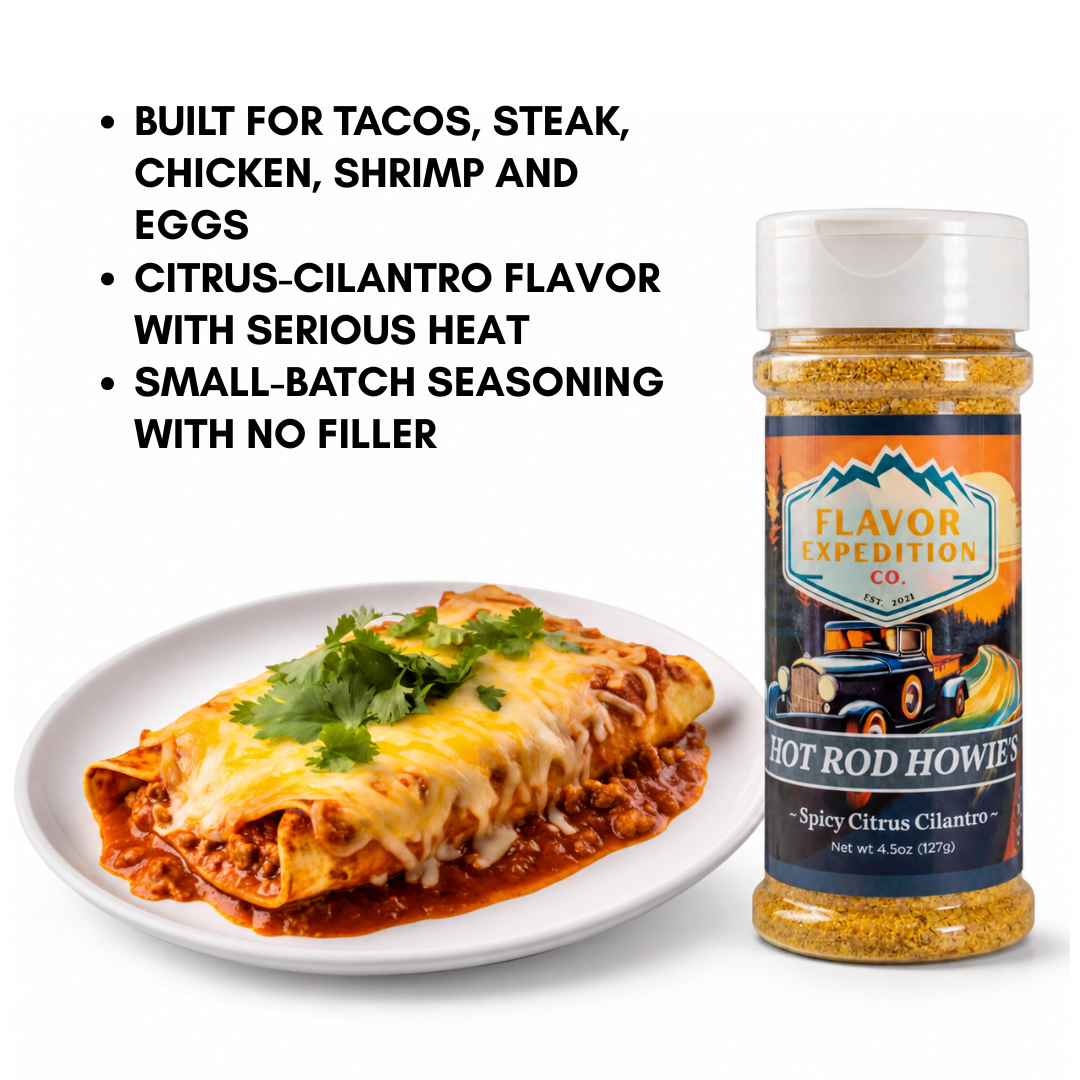 Spicy Citrus Cilantro Seasoning bottle next to cheesy enchiladas topped with cilantro.