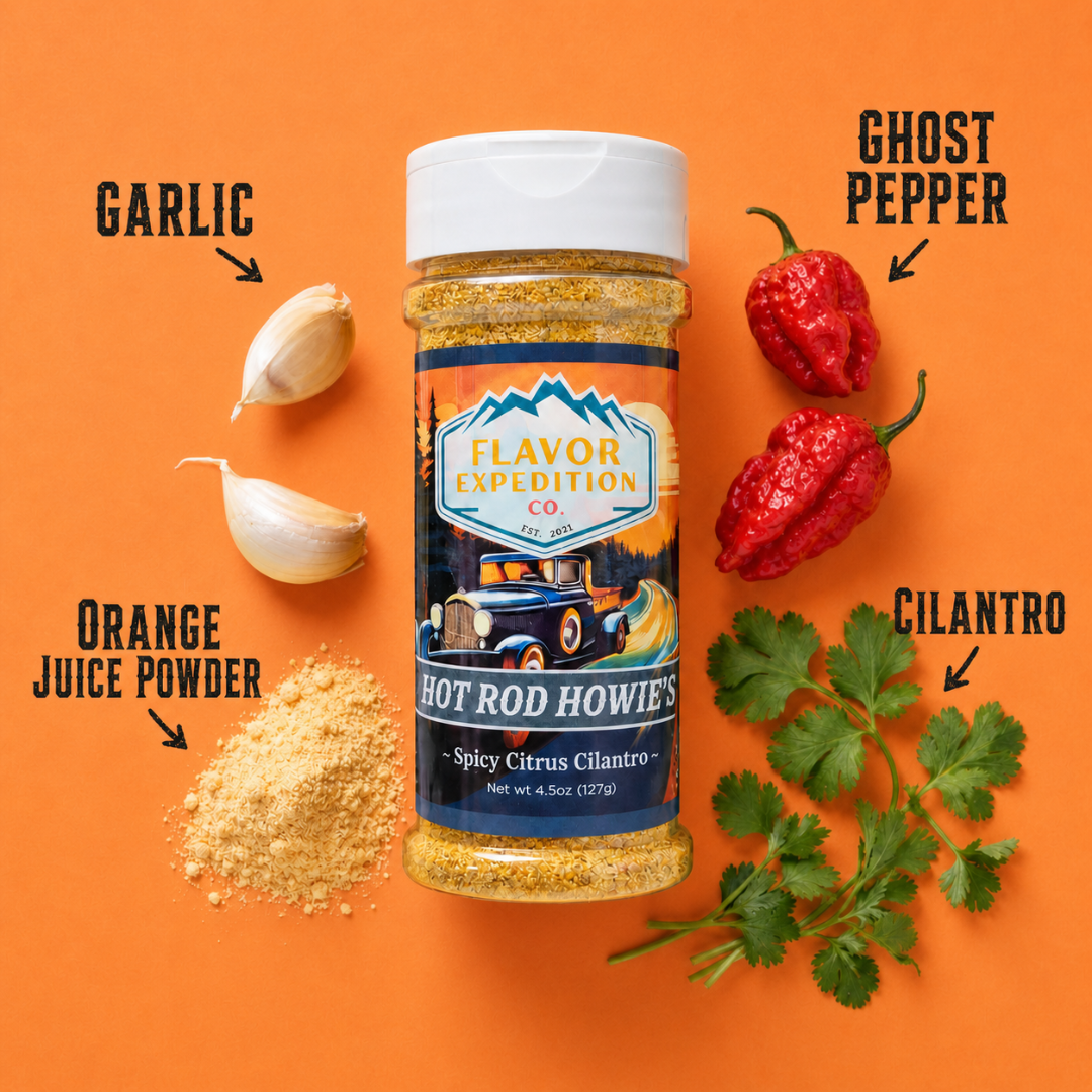 Spicy Citrus Cilantro Seasoning by Hot Rod Howie's with garlic, ghost pepper, and cilantro on an orange background.