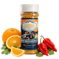 Spice jar labeled 'Hot Rod Howies' with oranges and peppers on a white background