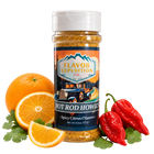 Spice jar labeled 'Hot Rod Howies' with oranges and peppers on a white background