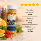 Spice jar with customer reviews and ratings on a scenic background