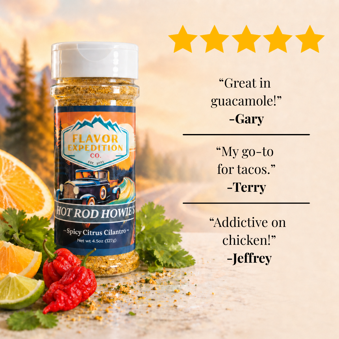 Spicy Citrus Cilantro Seasoning bottle with citrus fruits and customer reviews, perfect for enhancing spicy dishes.